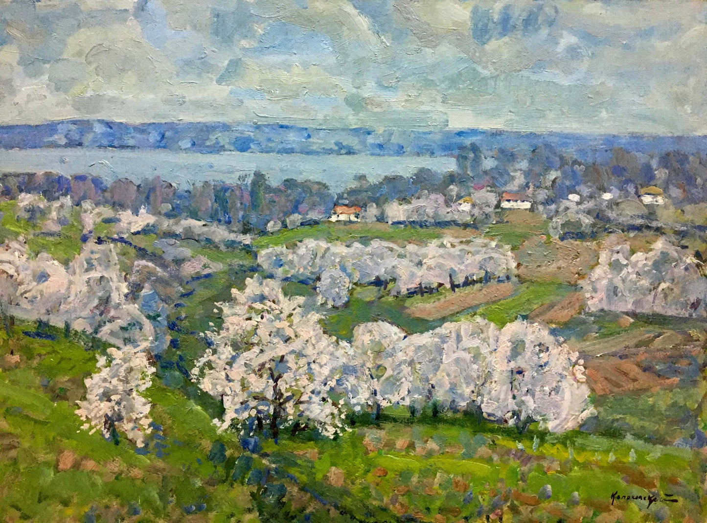 Oil painting Spring landscape by Georgy Kolosovsky: impressionist blossoming trees