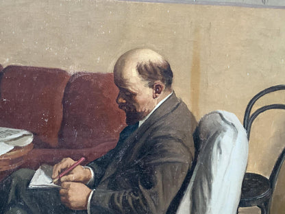 Social realism oil portrait of Lenin writing with red pencil