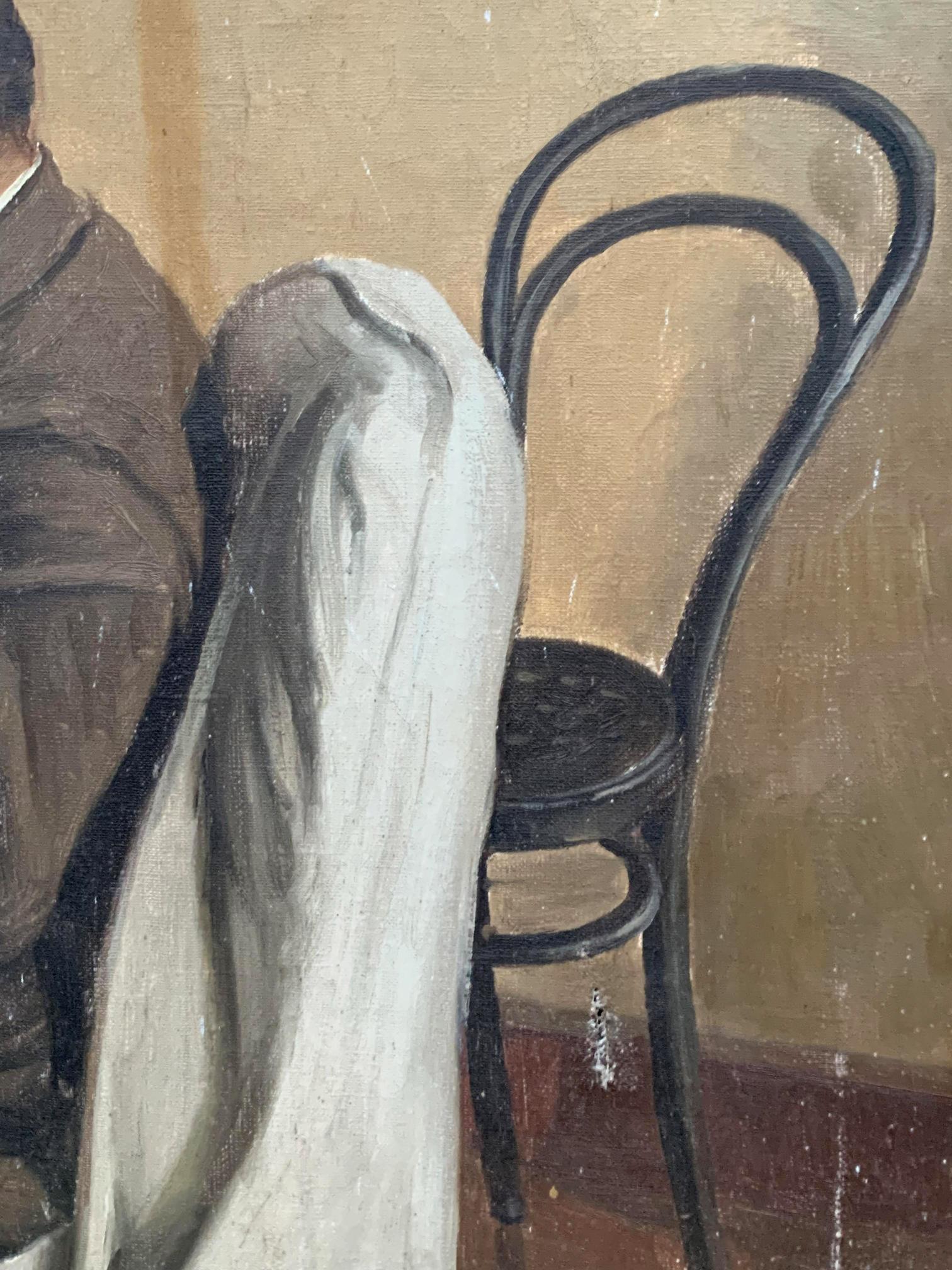 Black bentwood chair with curved backrest in Lenin portrait oil painting