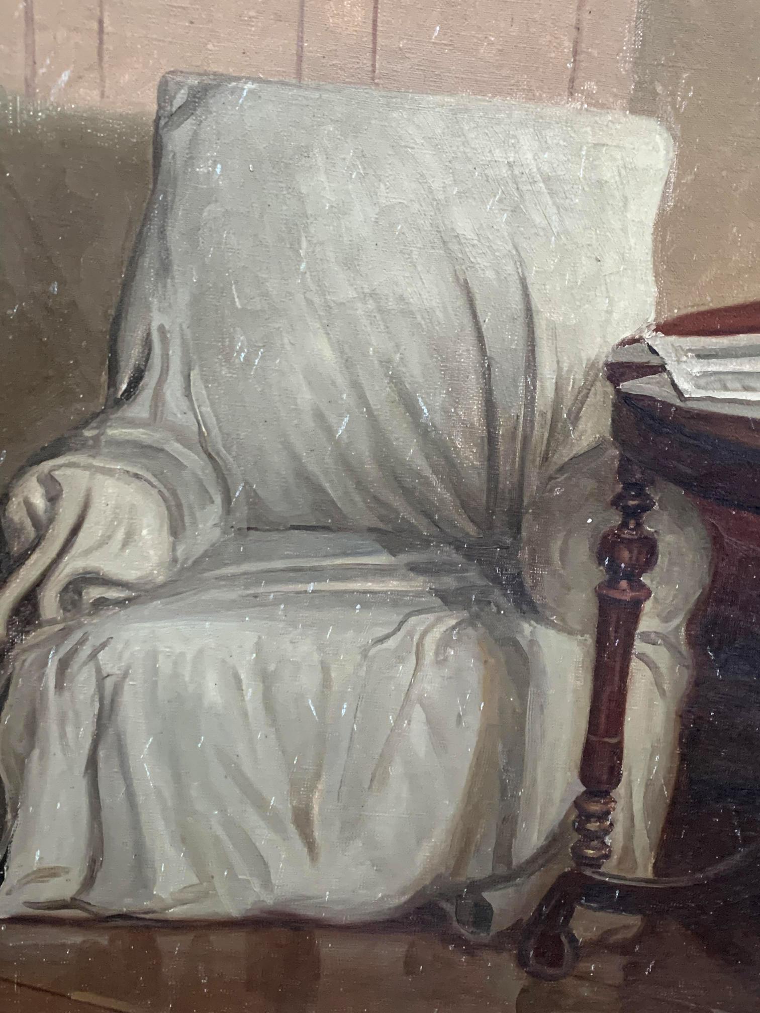 Social realism portrait of Lenin reading in off-white armchair
