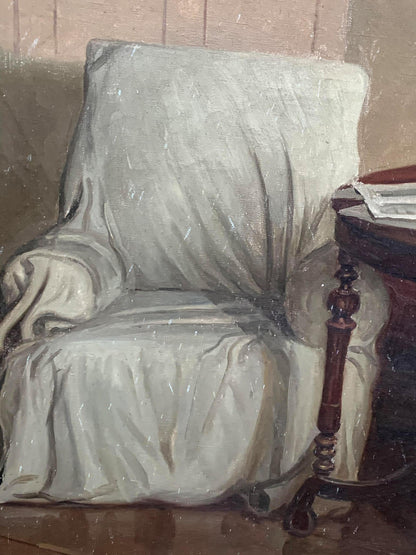 Social realism portrait of Lenin reading in off-white armchair