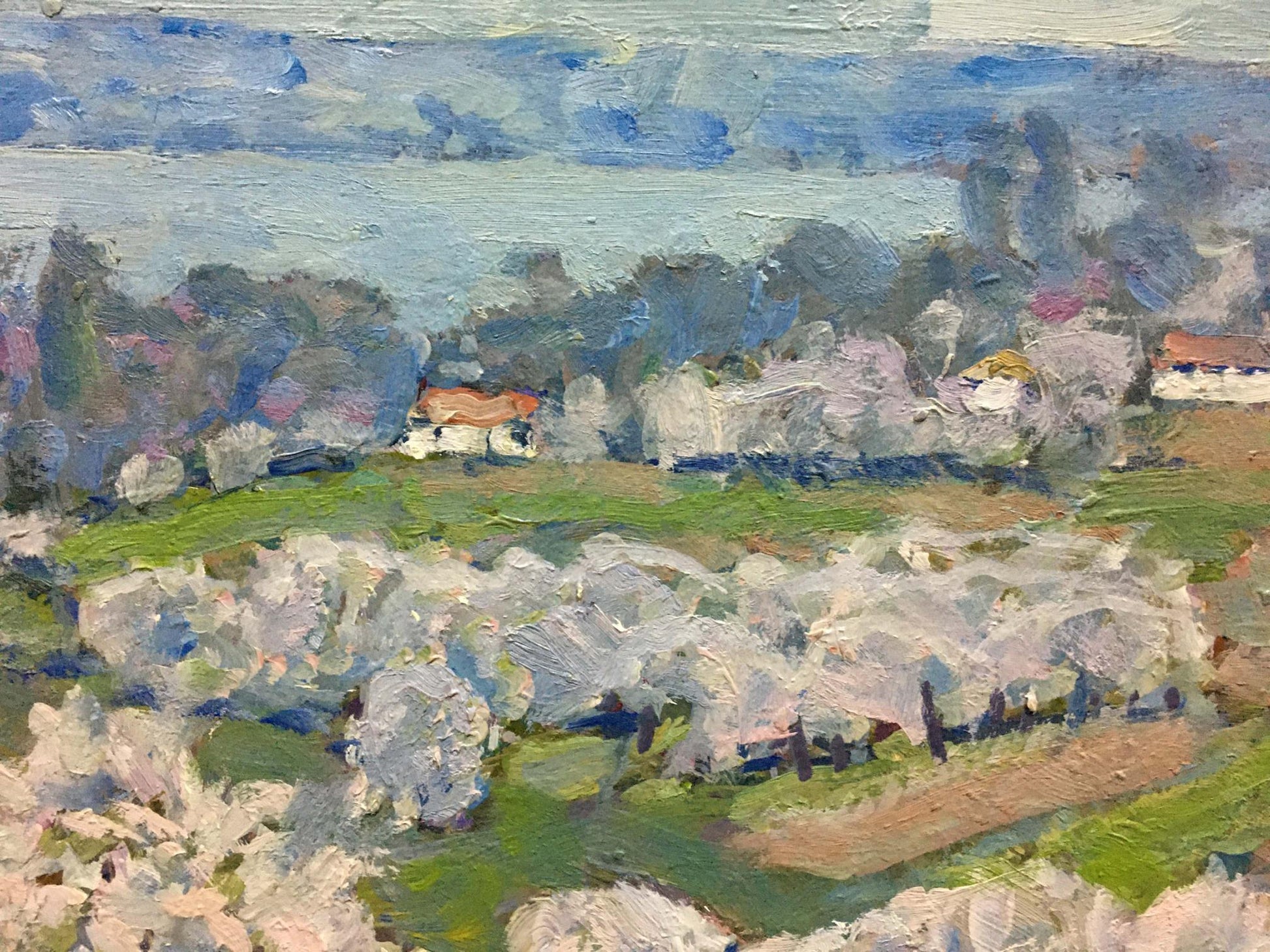 Oil painting Spring landscape by Georgy Kolosovsky: impressionist countryside with blooming white trees