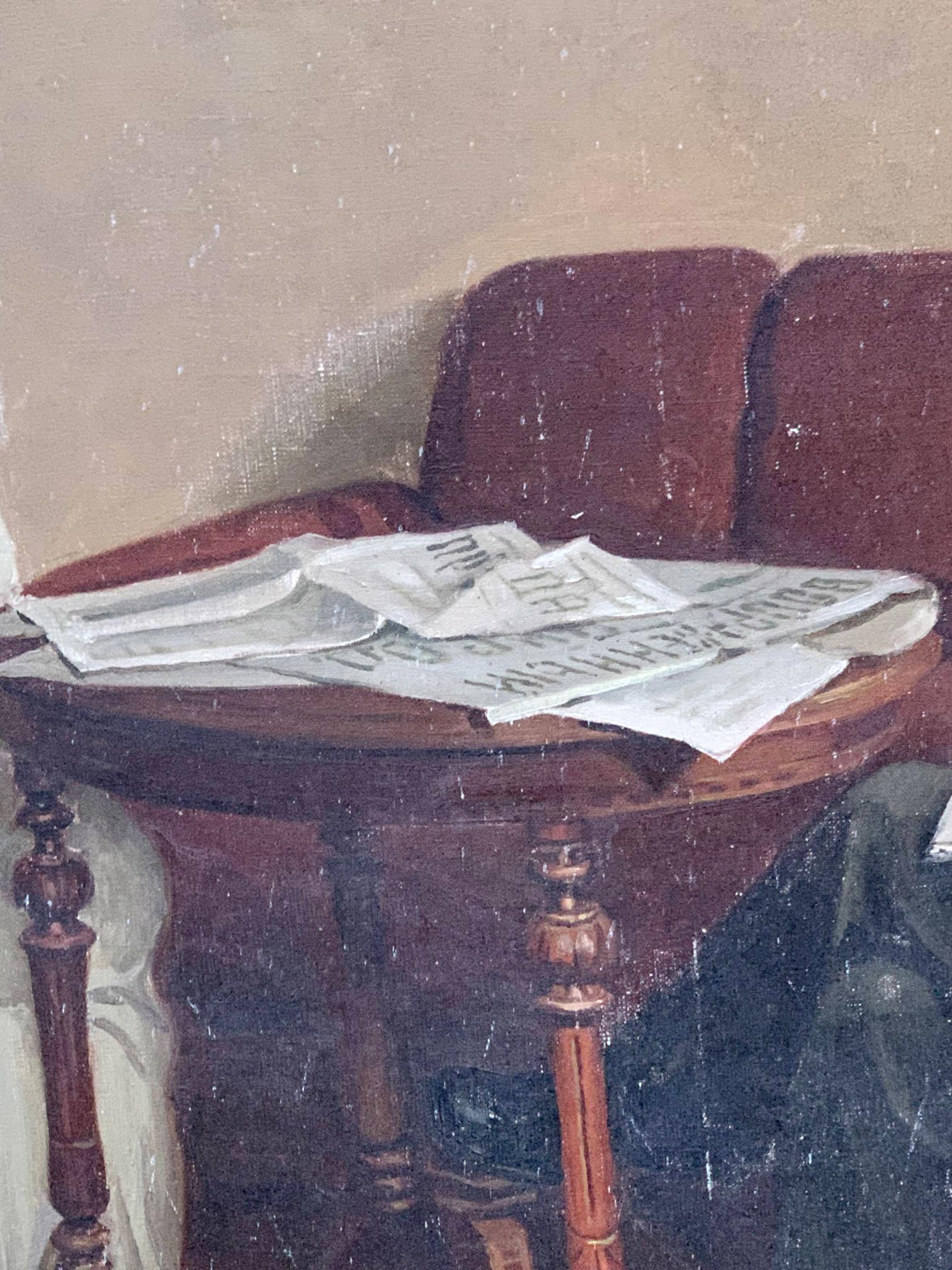Social realism oil portrait of Lenin reading newspapers on ornate table