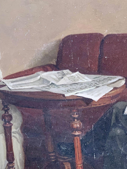 Social realism oil portrait of Lenin reading newspapers on ornate table