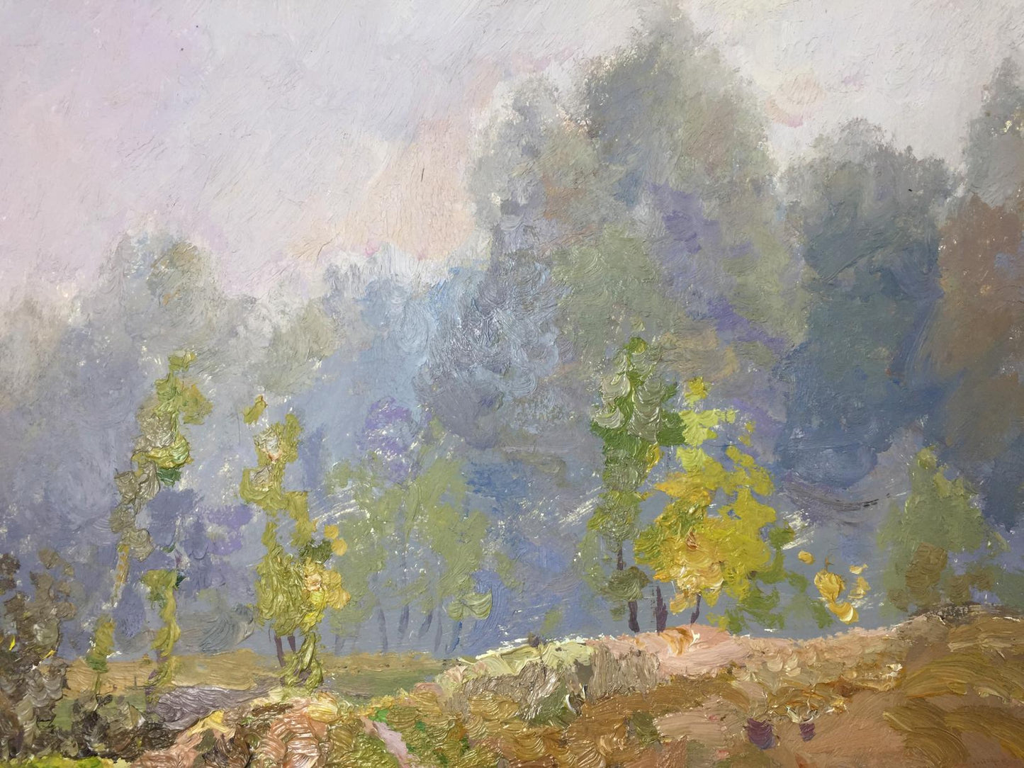 Oil painting Misty morning by Alexander Fedorovich Mynka forest scene
