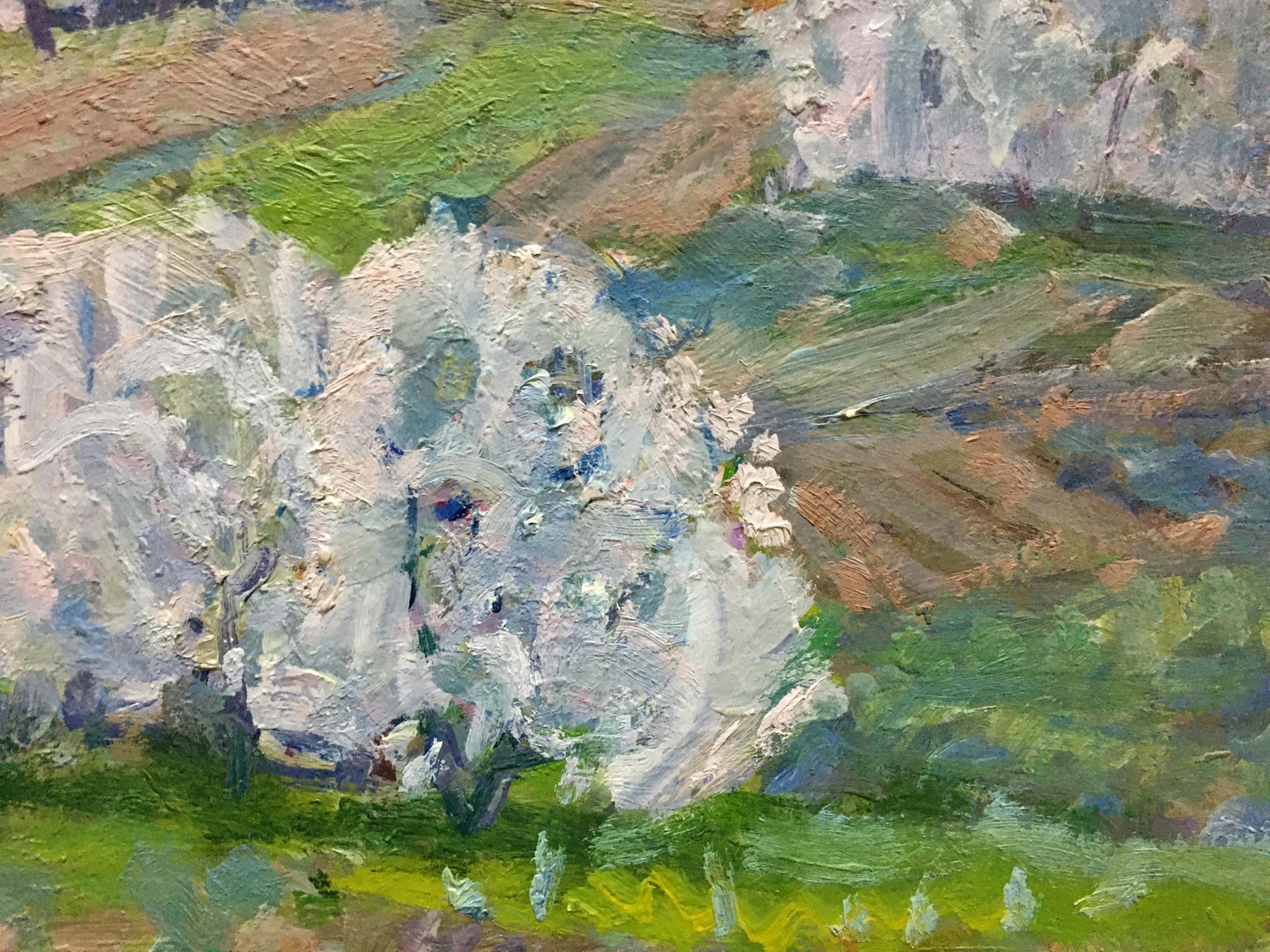 Oil painting of Spring landscape by Georgy Kolosovsky: textured white cliff in earthy tones