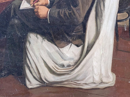 Social realism oil painting of Lenin reading in dark suit jacket with white cuffs and flowing white skirt