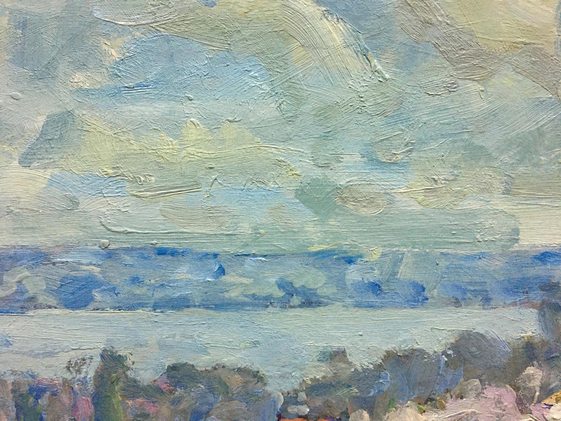 Oil painting of serene spring coastal landscape by Georgy Kolosovsky