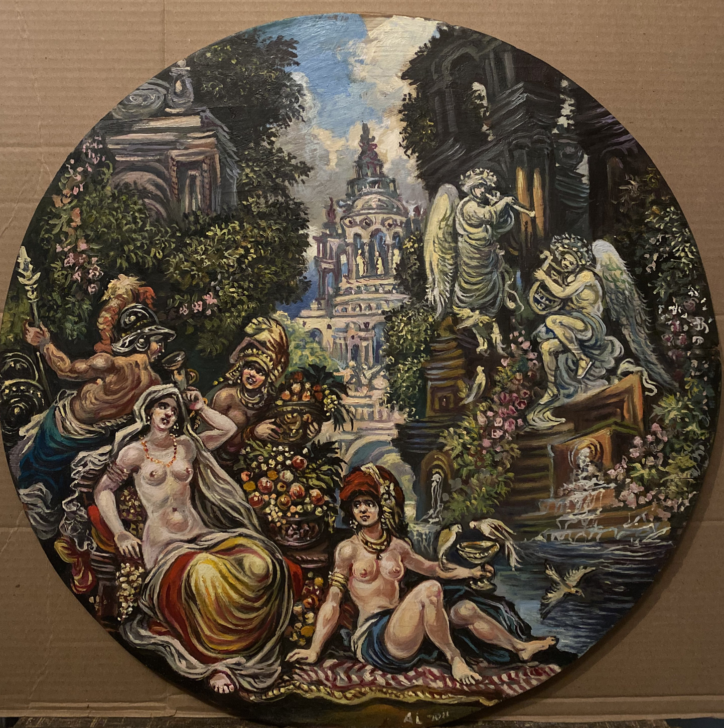 Oil painting Fun in the Garden by Alexander Litvinov, classical figures in lush garden