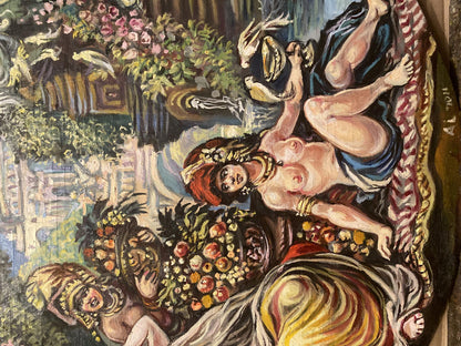Oil painting Fun in the Garden by Alexander Litvinov: reclining red-haired nude