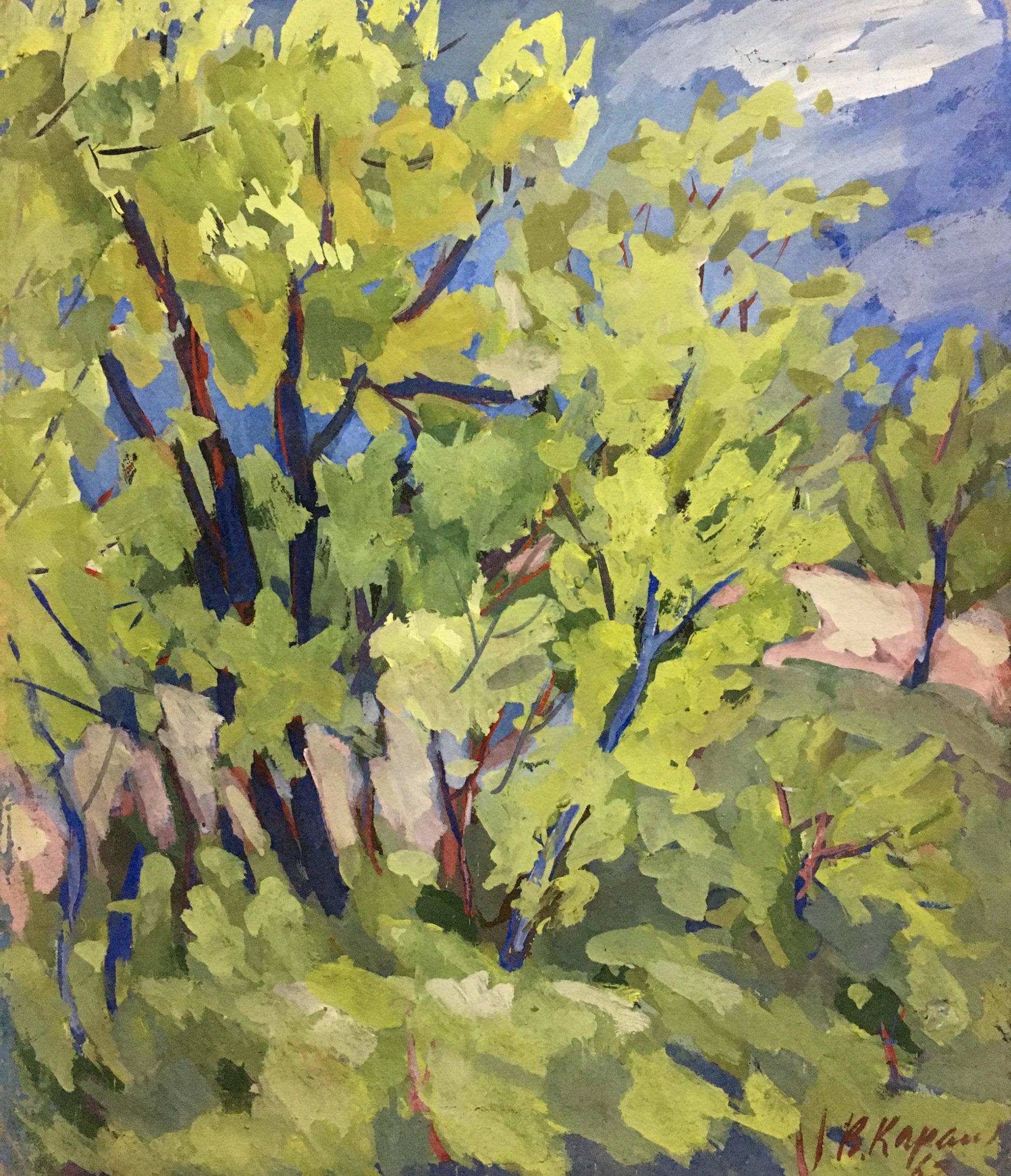 Vibrant impressionist oil painting of leafy tree by Karelin Vyacheslav