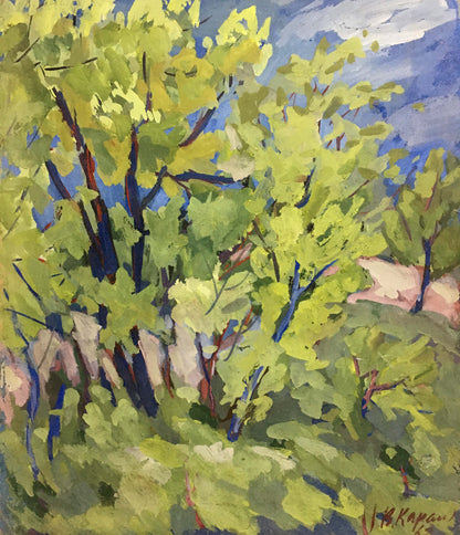 Vibrant impressionist oil painting of leafy tree by Karelin Vyacheslav