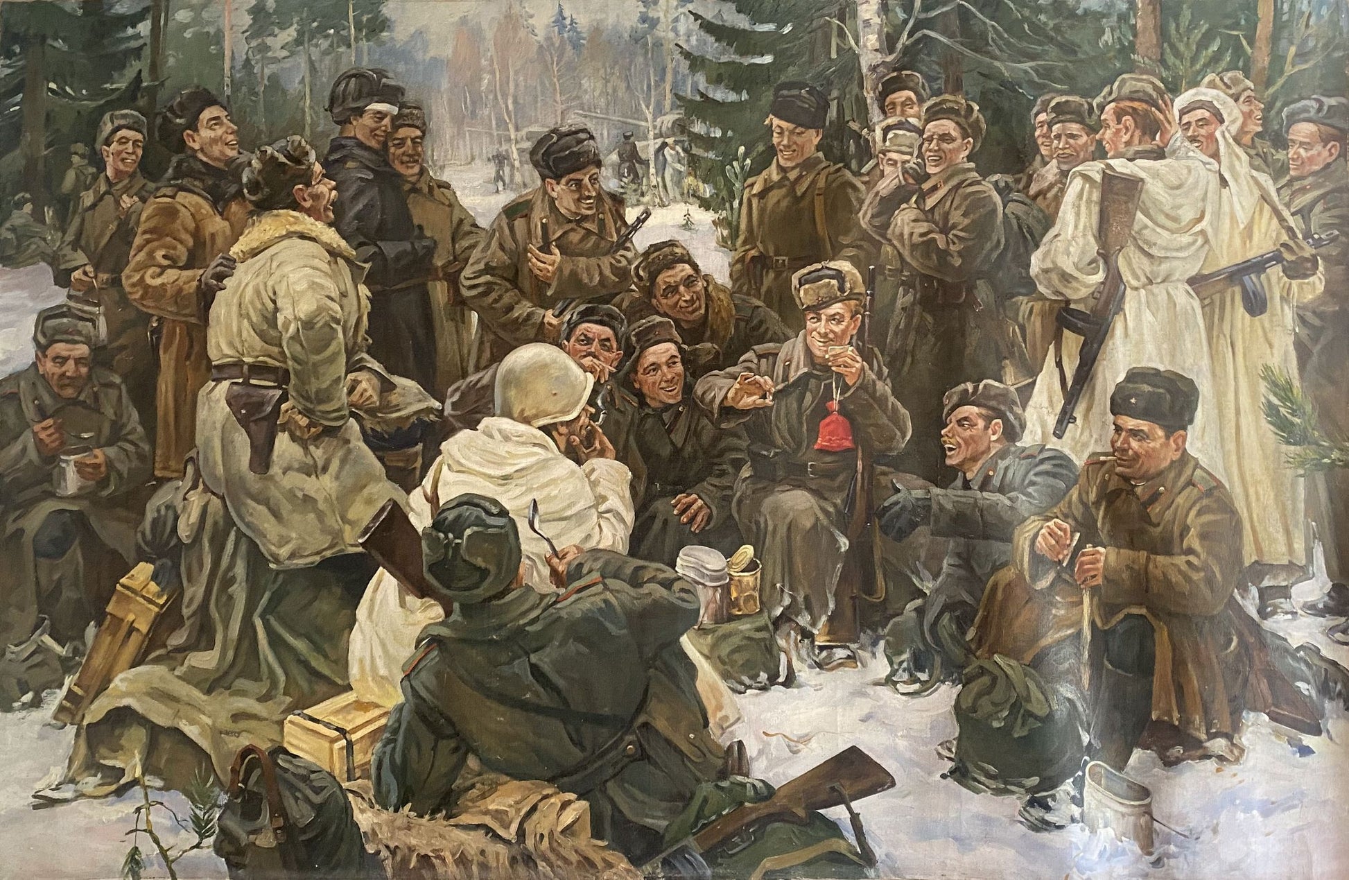 Oil painting of soldiers lunch break by campfire in snowy forest