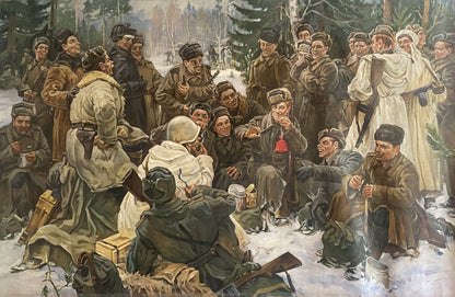 Oil painting of soldiers lunch break by campfire in snowy forest