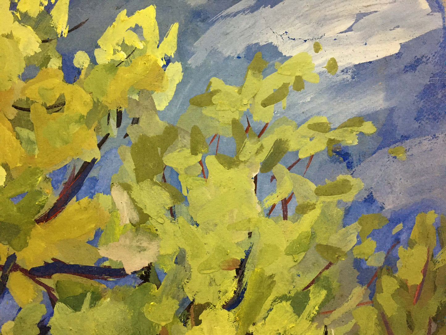 Oil painting Spring garden Karelin Vyacheslav: vibrant yellow leaves on blue sky