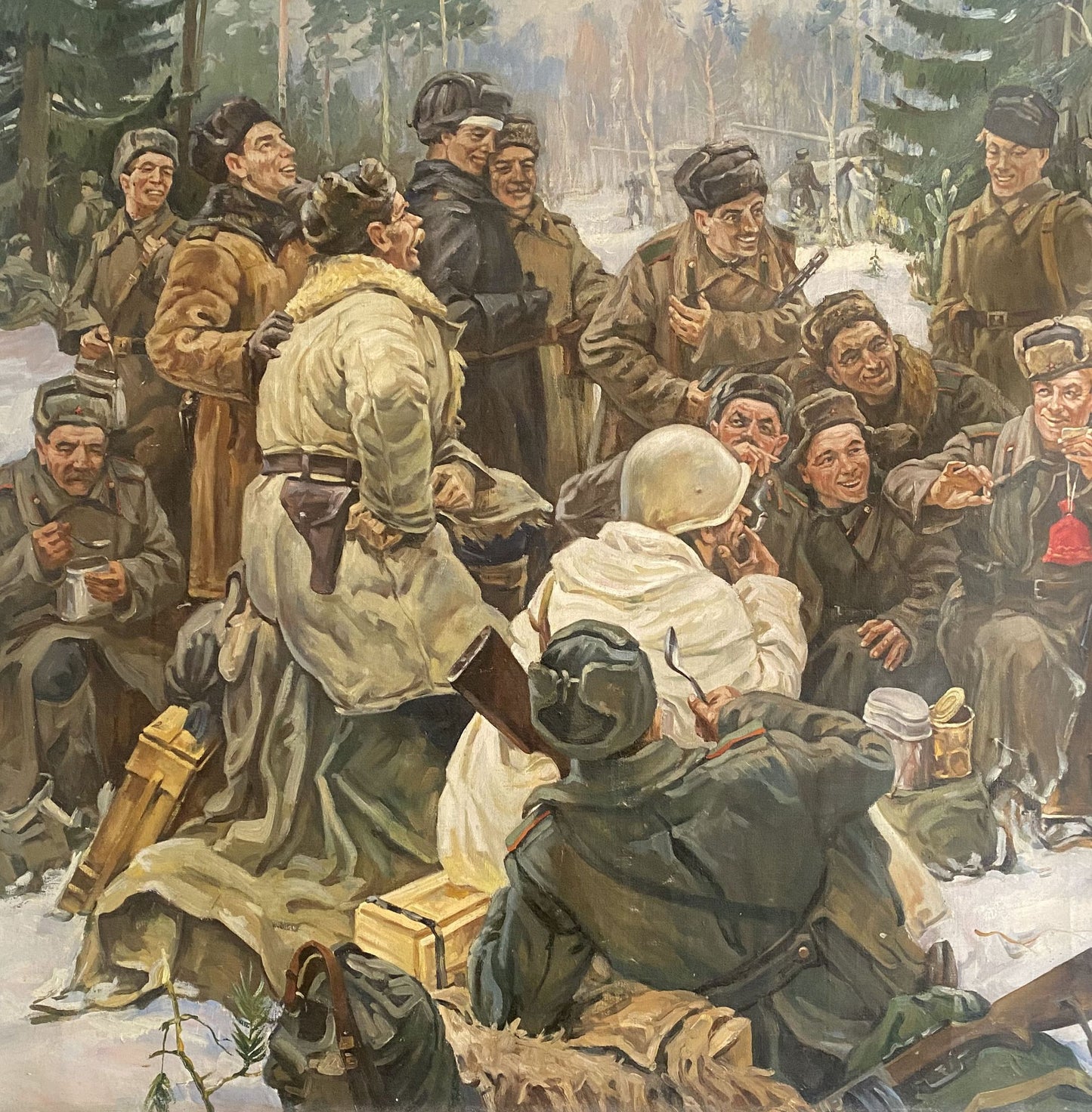 Oil painting of soldiers in winter uniforms around figure in fur-collared coat