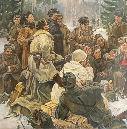 Oil painting of soldiers in winter uniforms around figure in fur-collared coat