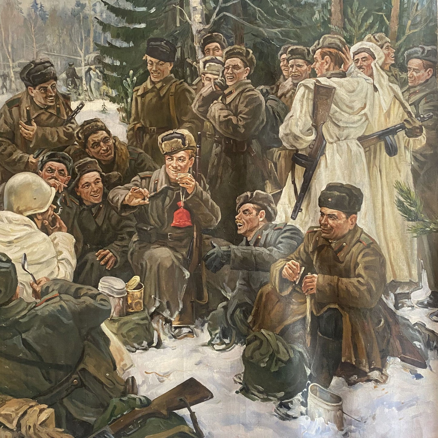 Oil painting Lunch break: soldiers by campfire in winter, red pouch