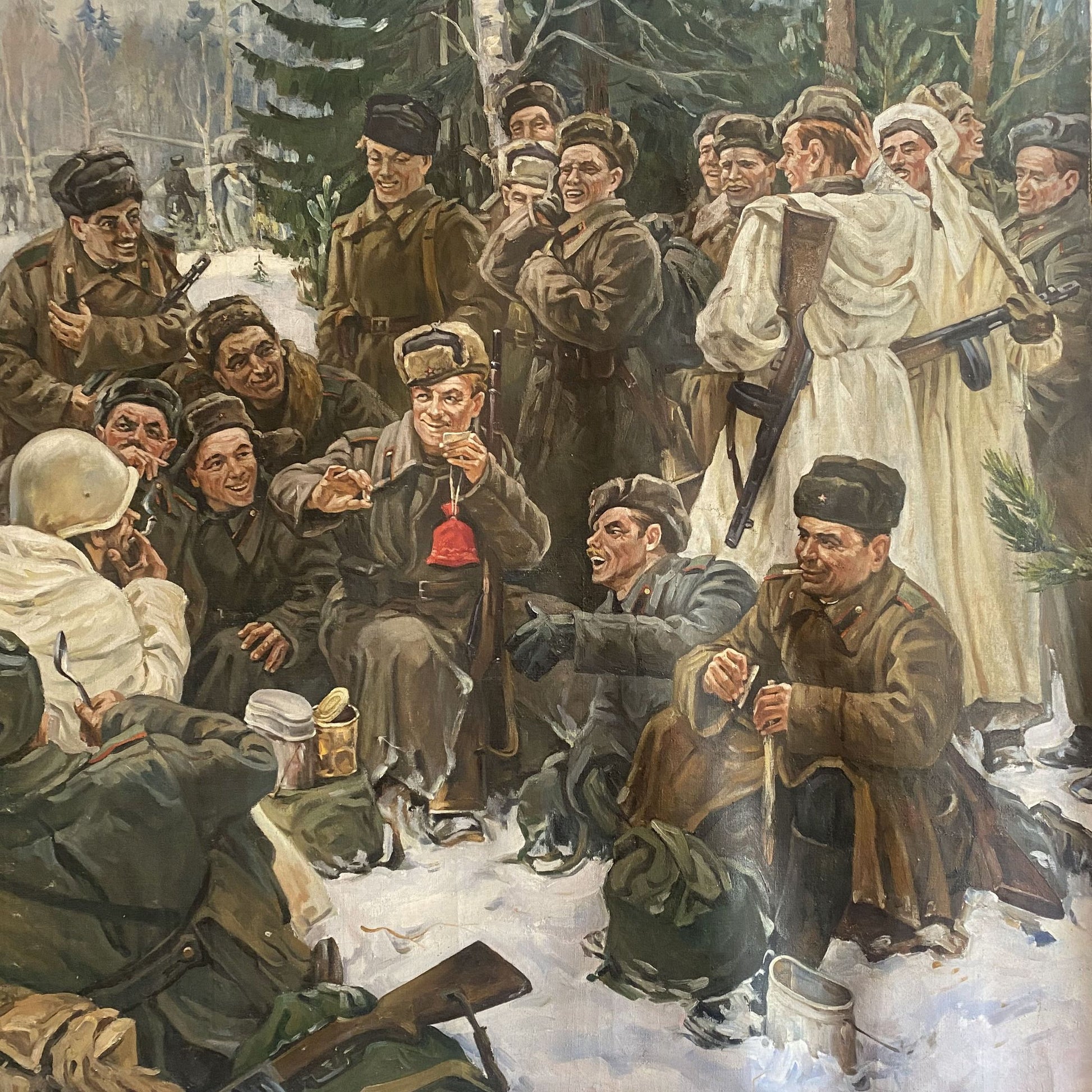 Oil painting Lunch break: soldiers by campfire in winter, red pouch