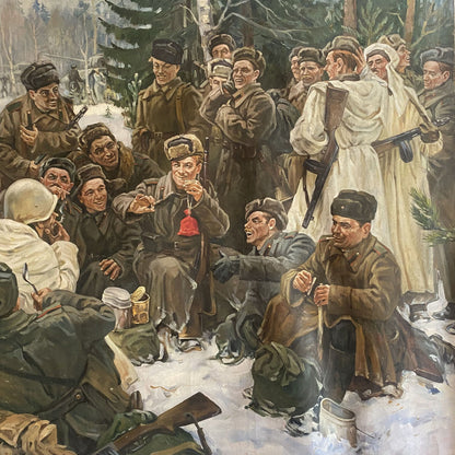 Oil painting Lunch break: soldiers by campfire in winter, red pouch