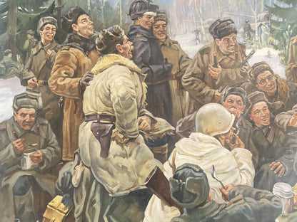 Oil painting of soldiers in winter uniforms on lunch break by unknown artist