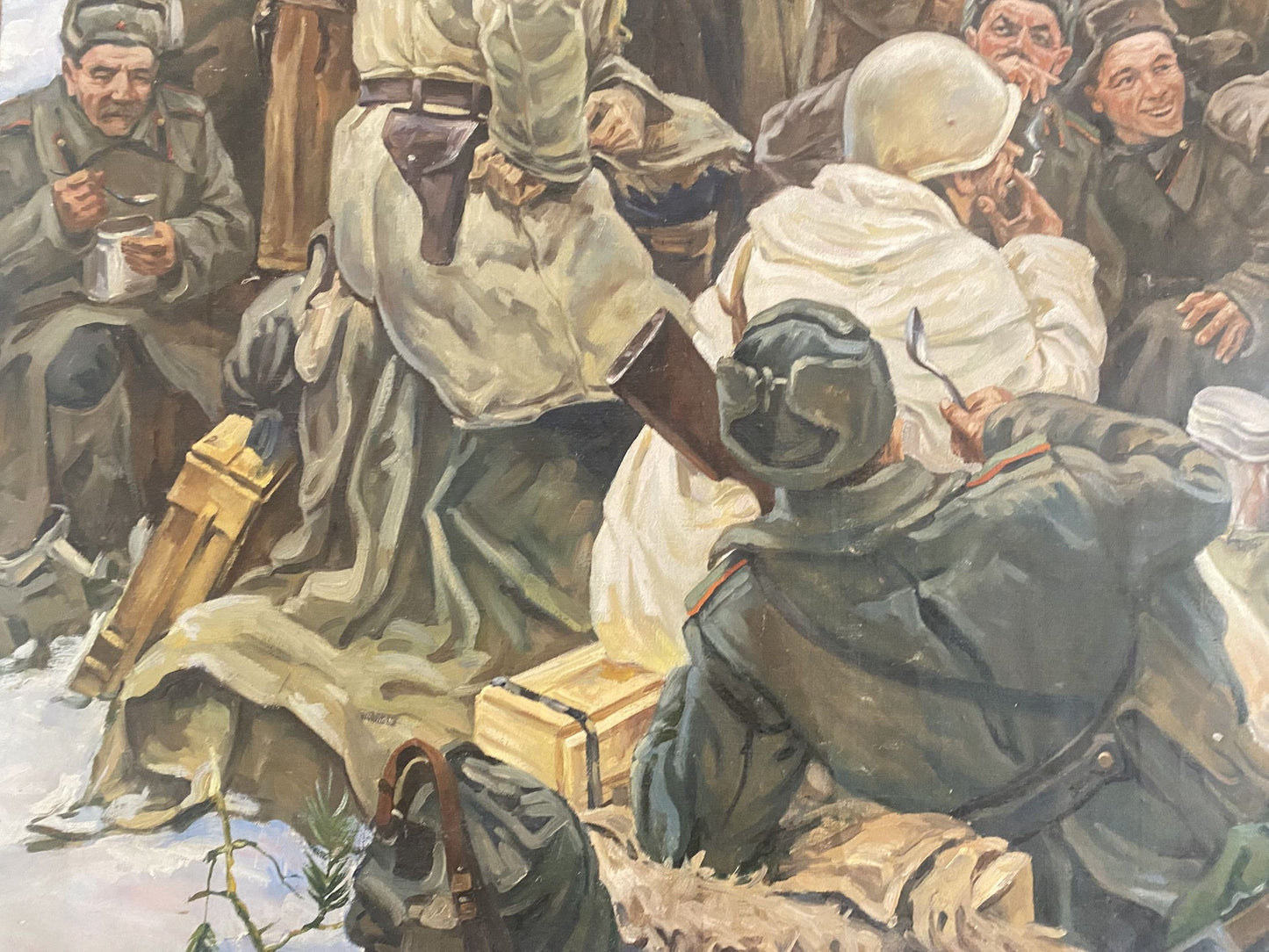 Oil painting of dark green military backpack with leather strap in snowy soldiers scene