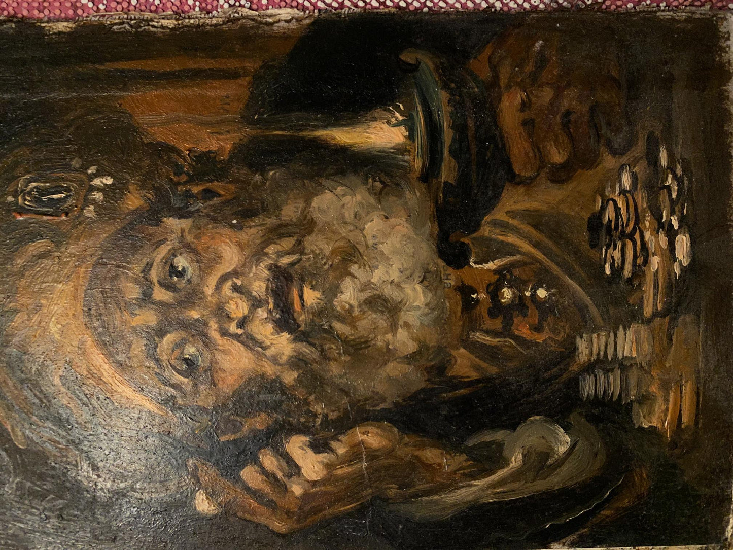 Oil painting portrait of merchant Alexander Litvinov, distorted face in muted earth tones