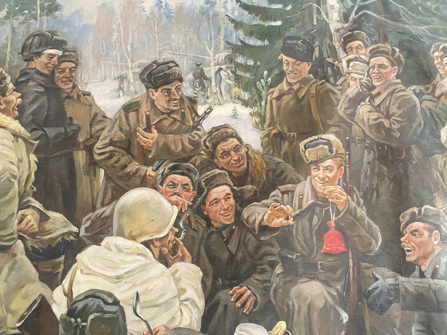Oil painting Lunch break: soldiers in winter uniforms on outdoor lunch break