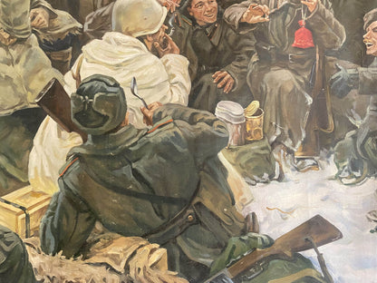 Oil painting Lunch break: soldiers in snowy scene, green uniform and white fabric