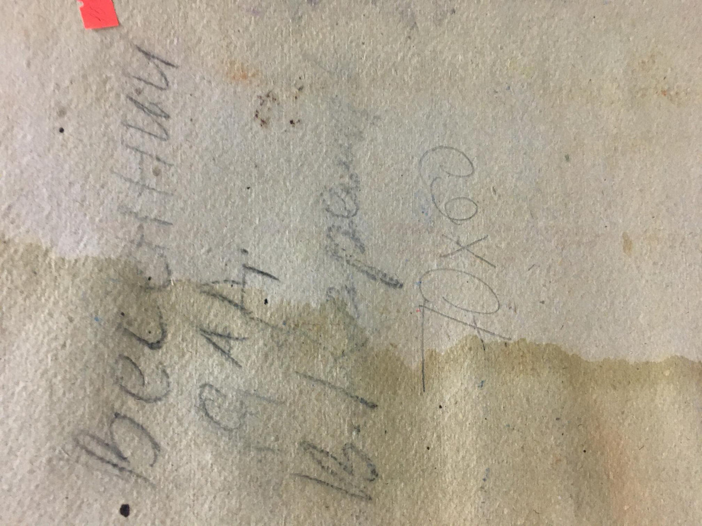 Back of aged beige paper with handwriting in Spring garden Karelin Vyacheslav oil painting