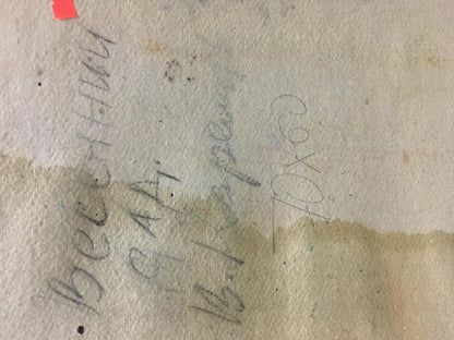 Back of aged beige paper with handwriting in Spring garden Karelin Vyacheslav oil painting