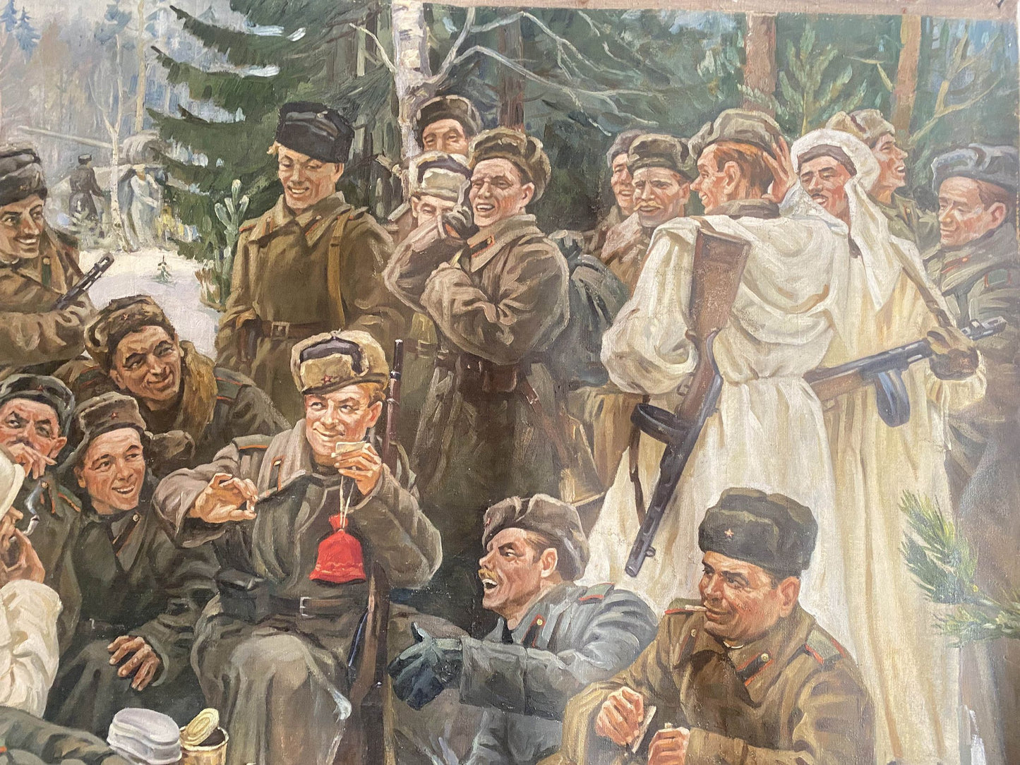Oil painting Lunch break: soldiers in fur hats around woman with rifles