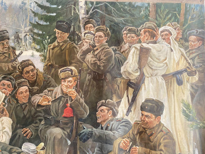 Oil painting Lunch break: soldiers in fur hats around woman with rifles