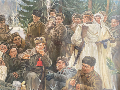 Oil painting Lunch break: soldiers in winter uniforms with woman holding rifle
