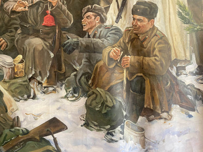 Oil painting Lunch break: Soviet soldiers in winter uniforms on snow-covered ground
