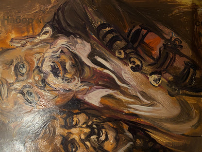 Oil painting Godfathers by Alexander Arkadievich Litvinov with abstract earthy swirls