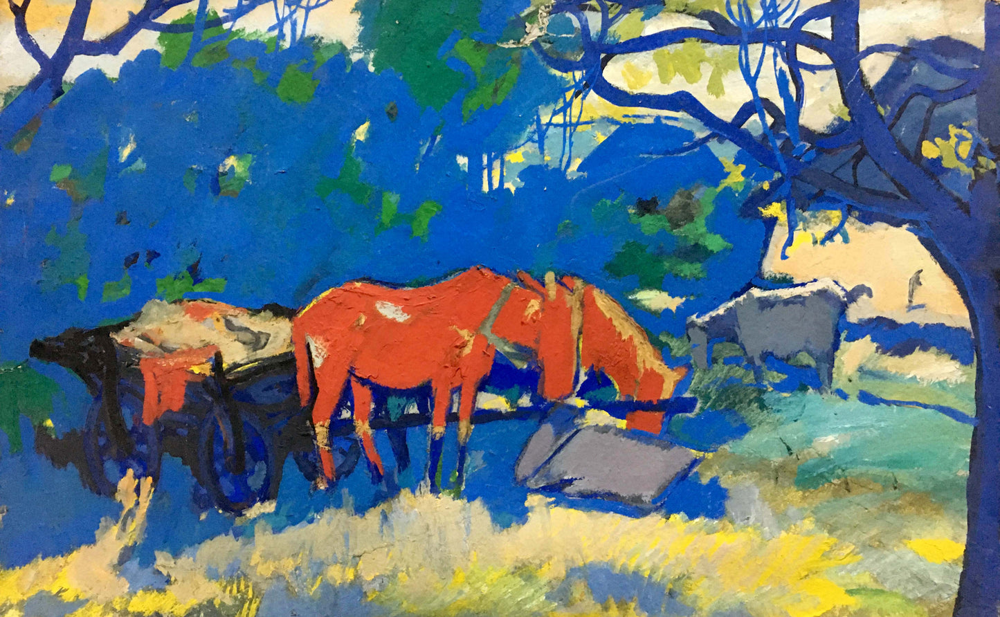 Vibrant orange horse in field under blue green trees, Fauvist oil painting by Pokulity Konstantin Ivanovich
