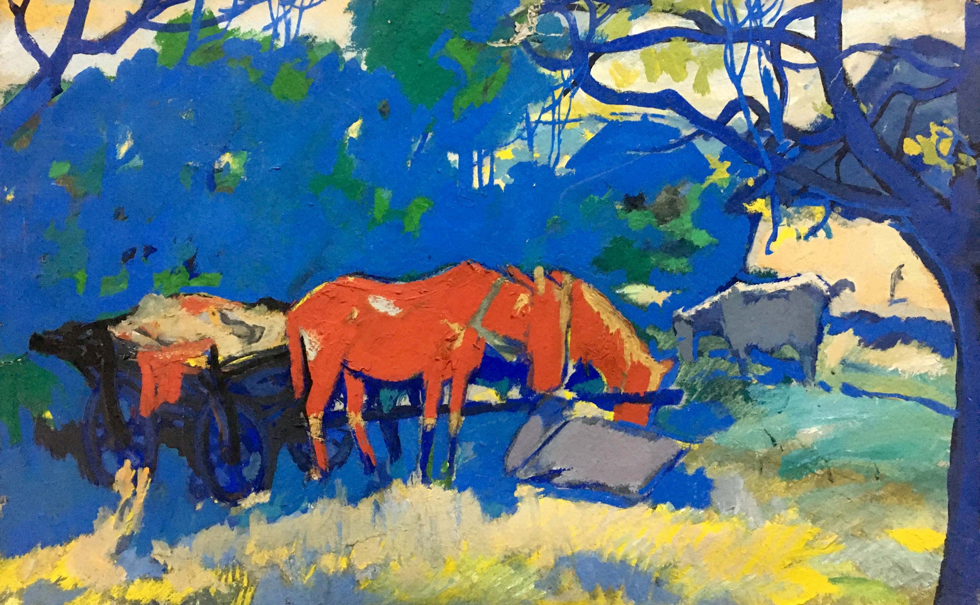 Vibrant orange horse in field under blue green trees, Fauvist oil painting by Pokulity Konstantin Ivanovich