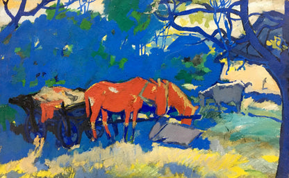 Vibrant orange horse in field under blue green trees, Fauvist oil painting by Pokulity Konstantin Ivanovich