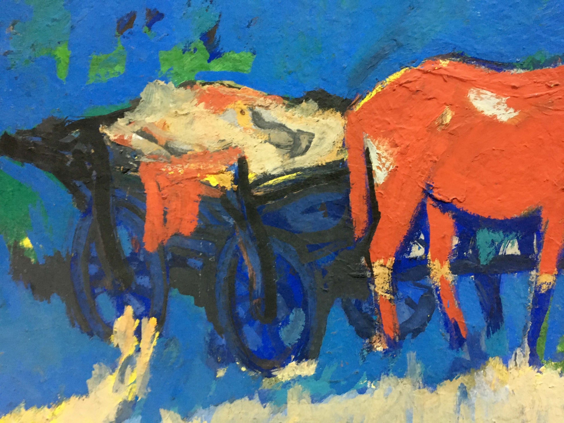 Vibrant orange cow with white patches by blue cart in Stroll oil painting by Pokulity Konstantin Ivanovich