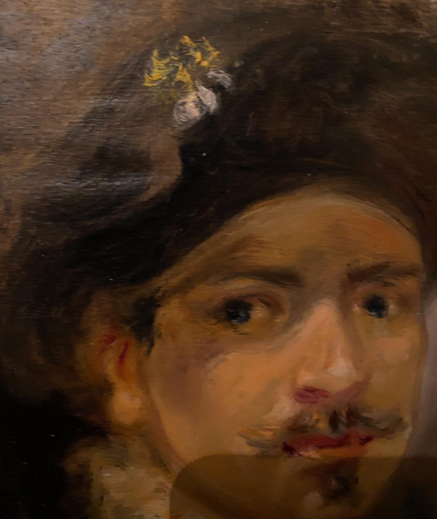 Oil painting portrait of sovereign Alexander Litvinov with dark textured hair and golden pin