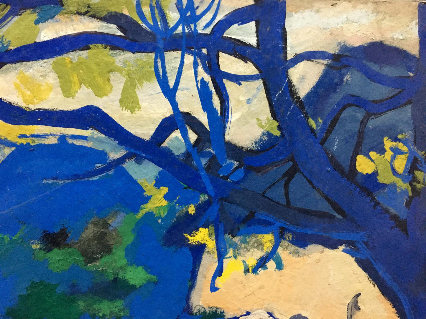 Vibrant Stroll oil painting by Pokulity Konstantin Ivanovich, blue branches on textured yellow green beige background