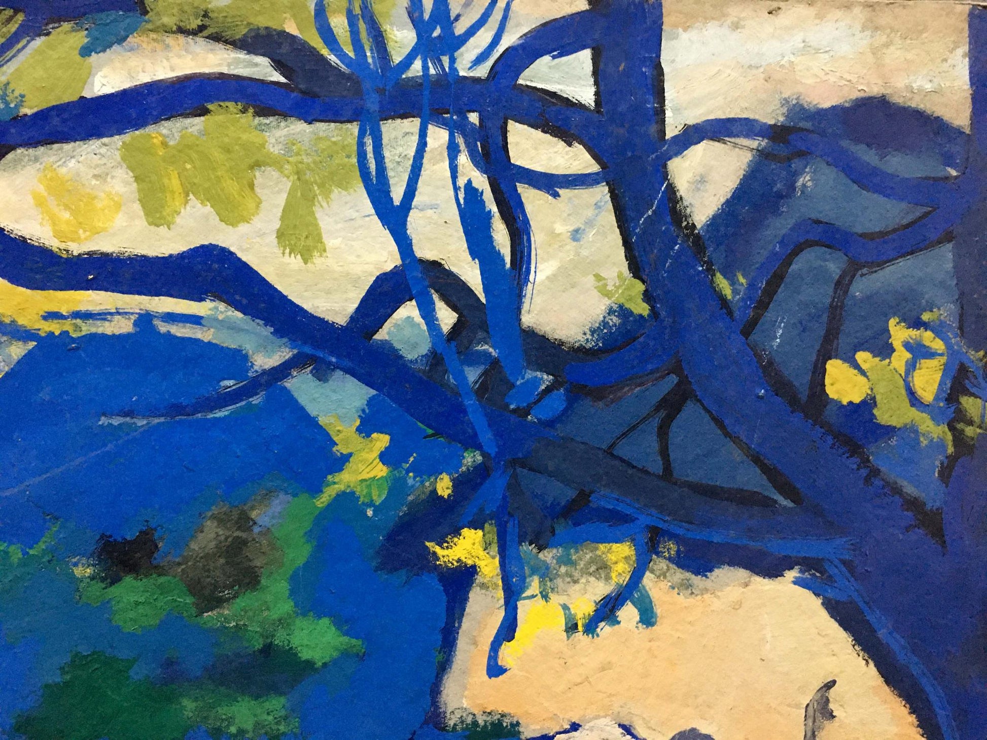 Vibrant Stroll oil painting by Pokulity Konstantin Ivanovich, blue branches on textured yellow green beige background