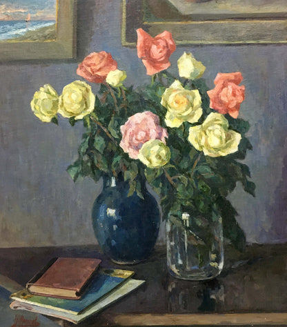 Oil painting of peach, cream, pink roses in blue vase by Fedorov Nikolay Alekseevich
