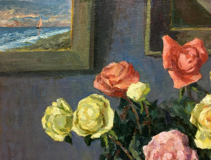 Oil painting of pink and yellow roses by Fedorov Nikolay Alekseevich
