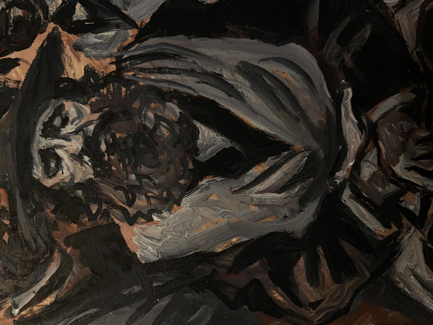 Textured abstract oil painting in dark grays and blacks by Litvinov