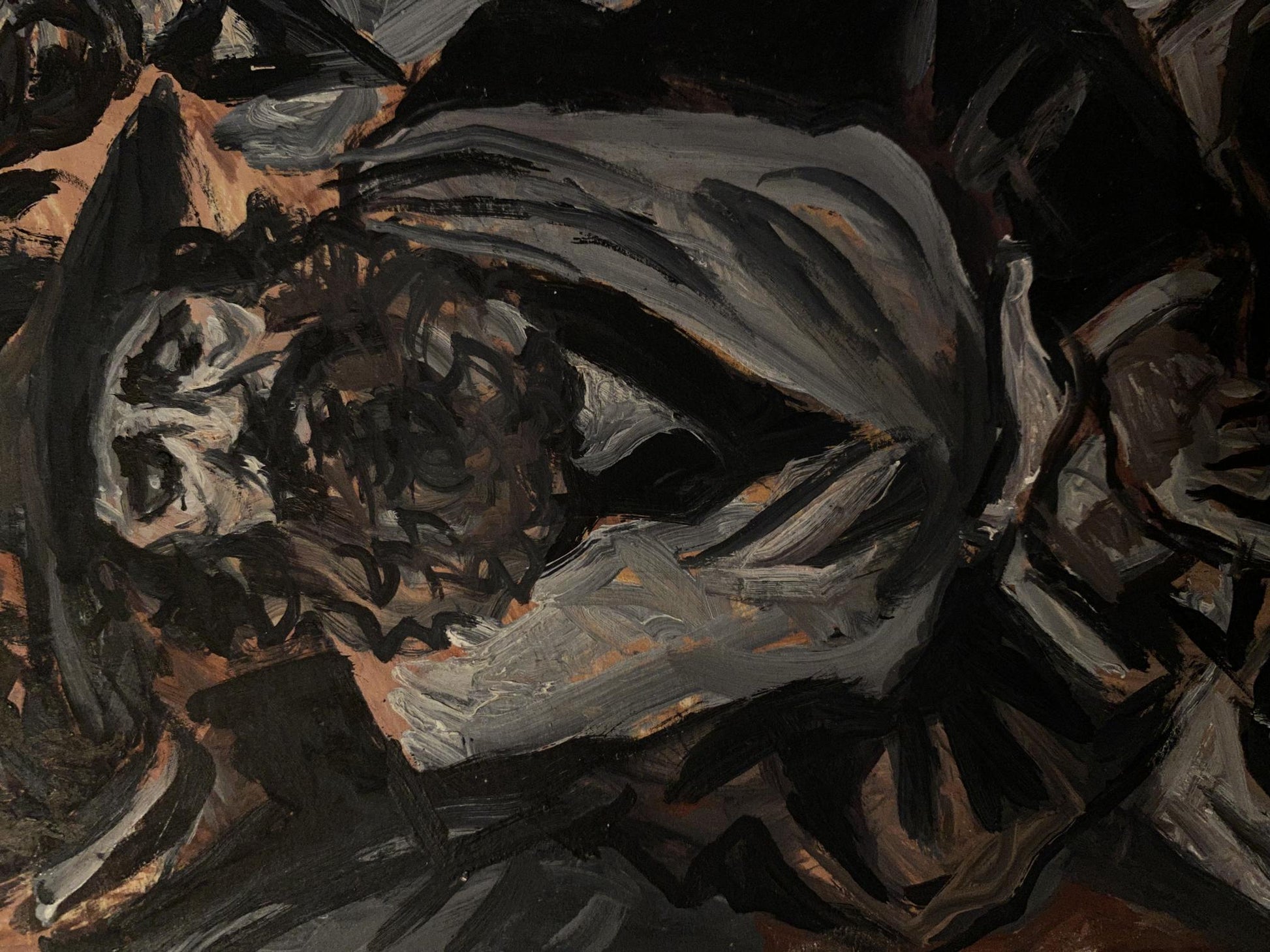 Textured abstract oil painting in dark grays and blacks by Litvinov