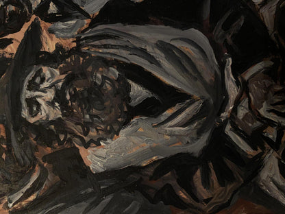 Textured abstract oil painting in dark grays and blacks by Litvinov