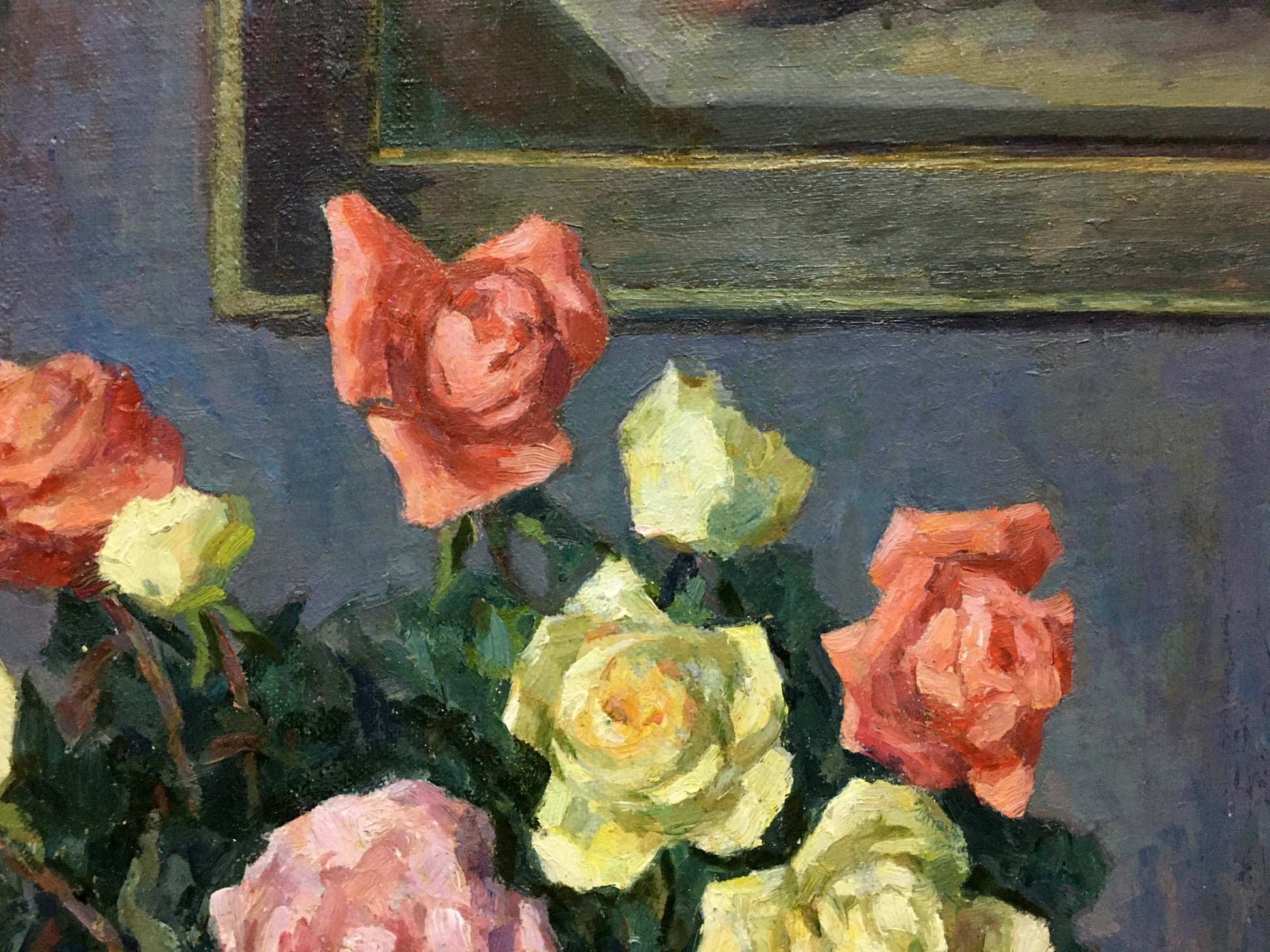 Oil painting still life of vibrant peach, yellow, pink roses by Fedorov Nikolay Alekseevich