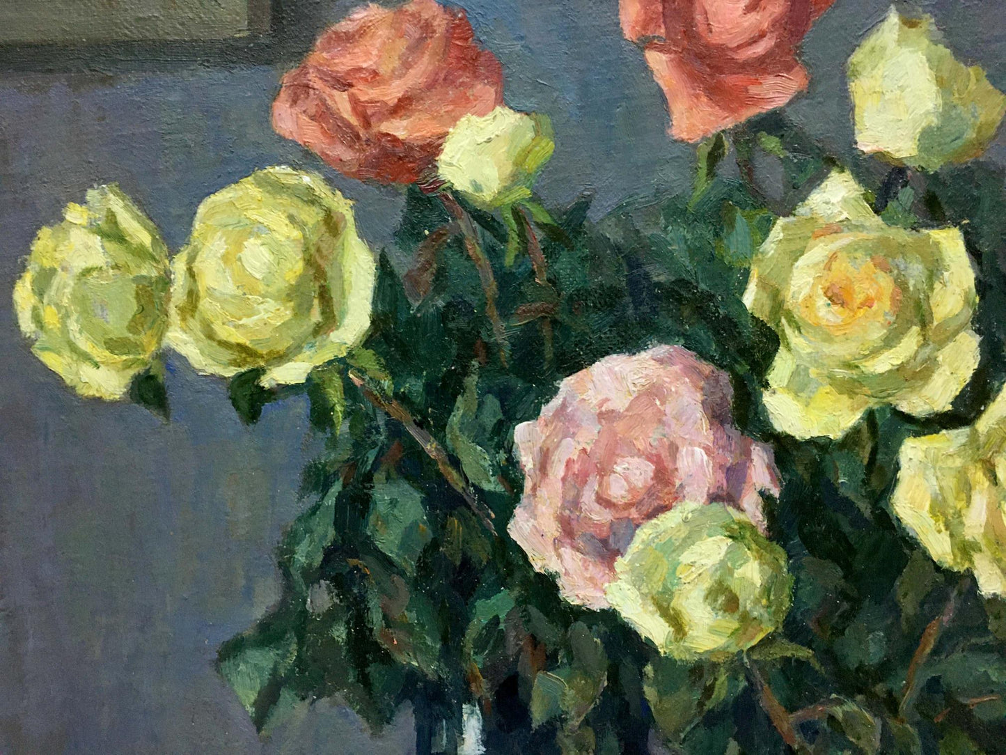 Oil painting of vibrant yellow peach pink roses by Fedorov Nikolay Alekseevich